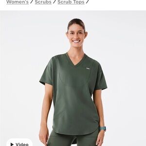 Figs Green Relaxed V-Neck Short Sleeve Top